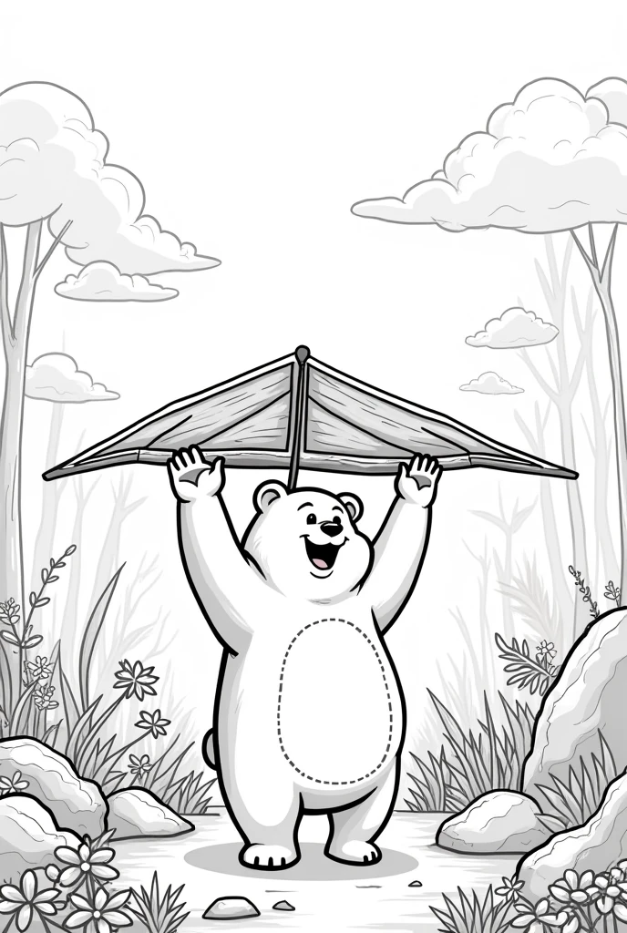 An outline image of a happy bear in a forest, holding a hang glider made of leaves and branches above its head. The bear is smiling, standing on two legs, surrounded by trees and plants, ready to be colored in. The scene is detailed, with various elements of nature like flowers, rocks, and clouds, but the focus is on the bear holding the hang glider, which is crafted from natural materials like leaves and branches, no color, white background, strokes only, thick lines, cartoon style