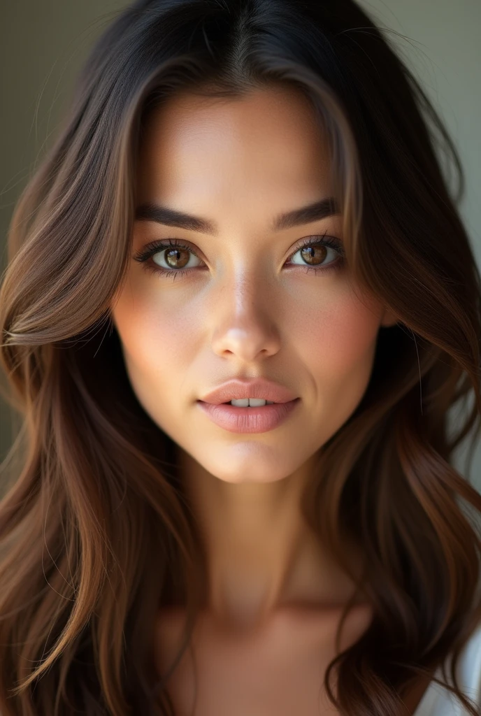 Le visage d'une femme brune super belle pourrait être décrit comme ayant des traits harmonieux et captivants. Elle aurait une peau douce et lumineuse, avec un teint légèrement hâlé. Ses cheveux longs et soyeux, d'un brun profond aux reflets chauds, encadreraient son visage avec élégance.
Ses yeux en amande, d'un brun profond ou noisette, sont intenses et expressifs, avec des cils longs et recourbés qui accentuent son regard envoûtant. Ses sourcils bien dessinés, légèrement arqués, ajoutent de la structure à son visage.
Son nez fin et délicat est parfaitement proportionné, tandis que ses lèvres pulpeuses, naturellement rosées, sont sculptées avec une courbure gracieuse, évoquant un sourire doux et attirant. Ses pommettes légèrement saillantes apportent une touche de charme supplémentaire.
Le tout dégage une beauté naturelle, élégante et magnétique.