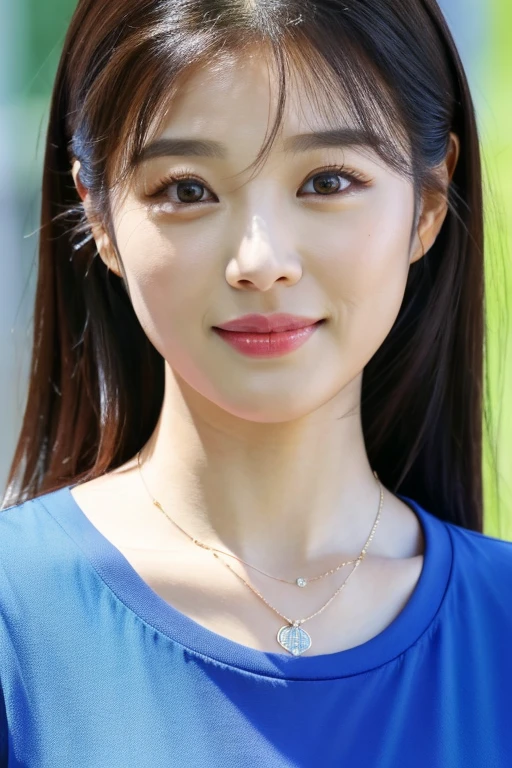 a close up of a person wearing a blue shirt and a chain necklace, lee ji - eun, lee ji-eun, park ji-min, jaeyeon nam, cute korean actress, heonhwa choe, hwang se - on, gongbi, female actress from korea, kim hyun joo, wan adorable korean face, shin min jeong