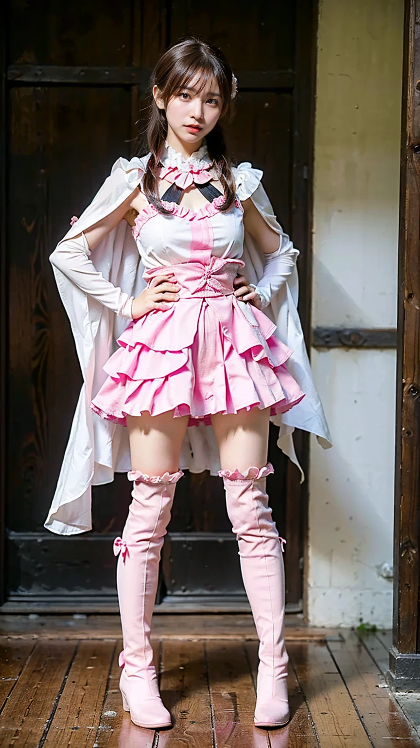 (8k、RAW Photos、Highest quality、masterpiece:1.2)、(Realistic、Realistic)、1 person、((Black and Pink、Frills、Cape、mini skirt、Thin legs、whole body、boots、View from the front、Looking into the camera、Stand with hands on hips))、cute