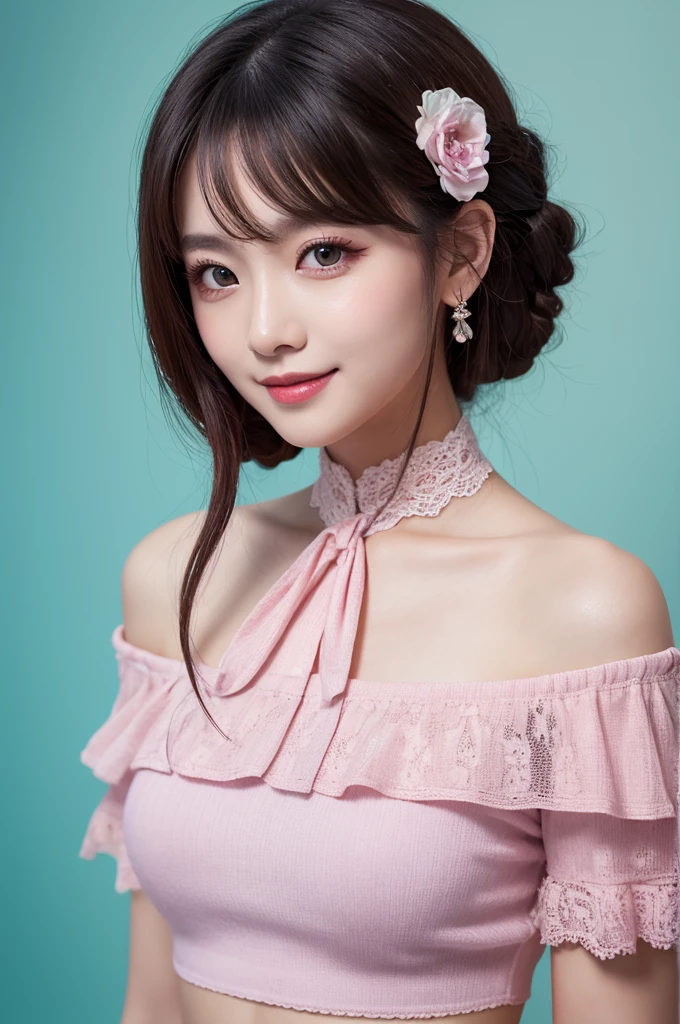 Various hair colors、high quality, real、High resolution, Realistic、8k、masterpiece, detailed.impressive, Cutting-edge female photography portraits, Her colorful hair is tied up high、、wearing a pastel pink off-shoulder blouse with ruffled sleeves and a white A-line mini skirt with lace trim,Soft look、smile、Looking at the camera、Facing forward、cyan, and purple, Her vibrant makeup really catches the eye..