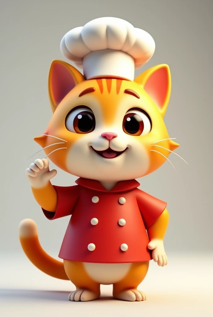 a cute smiling chef cat, full body, wearing a chef hat and red shirt, look at directly at the camera, paw rise, 3D lowpoly