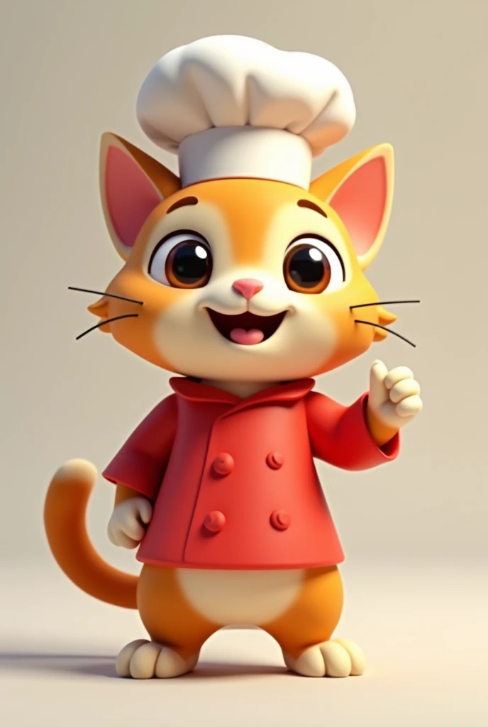 a cute smiling chef cat, full body, wearing a chef hat and red shirt, look at directly at the camera, paw rise, 3D lowpoly 