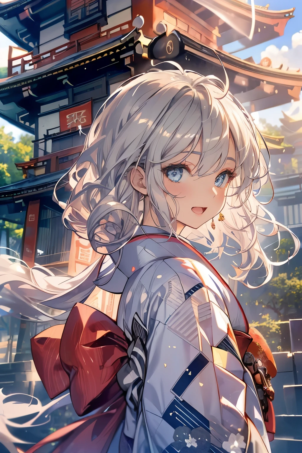 (Best quality,4K,8K,High resolution,Masterpiece:1.2),Super detailed,(Actual, Realistic),highly detailed, top quality, soft skin,Portrait,
break,
((clear blue eyes:1.2)),smiling eyes,beautiful eyelashes,beautiful lower eyelashes,
break,
((Beautiful and shiny silver hair:1.3)),A dazzling smile, a bursting smile, an open mouth laugh,
break,
very happily,
break,
((kimono:1.3)),
break,
((Five-storied pagoda:1.3))