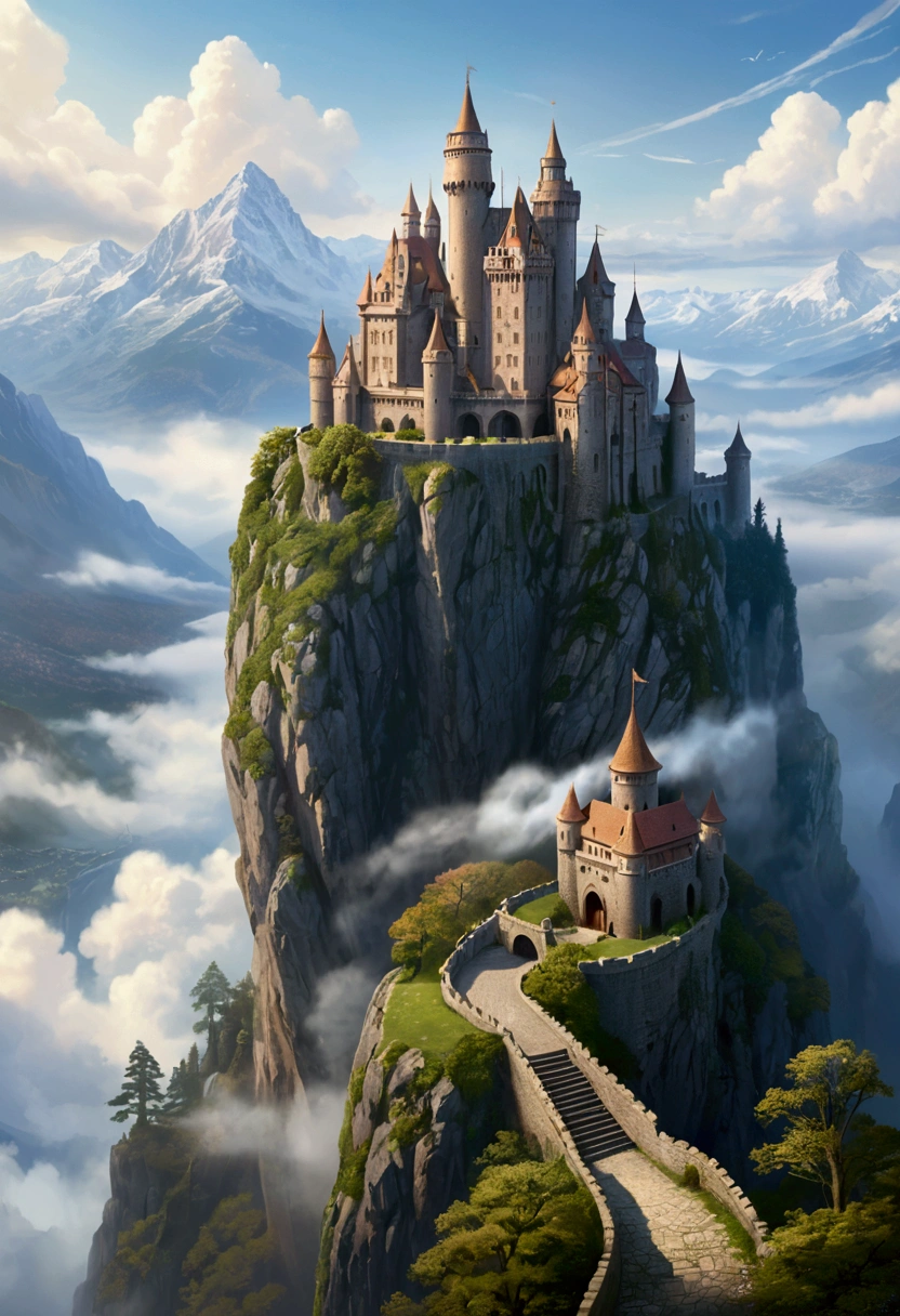 ‘A grand, mystical castle perched on a high cliff, surrounded by swirling mist and majestic mountains’