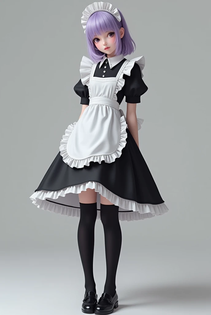(photorealism:1.2), The girl had shoulder-length lavender hair and eyes. Her skin was pearl white skin. She was dressed in a black and white maid outfit while a white frilly headdress sat on her head. Thigh-high black socks led down to a pair of shiny black loafer shoes.