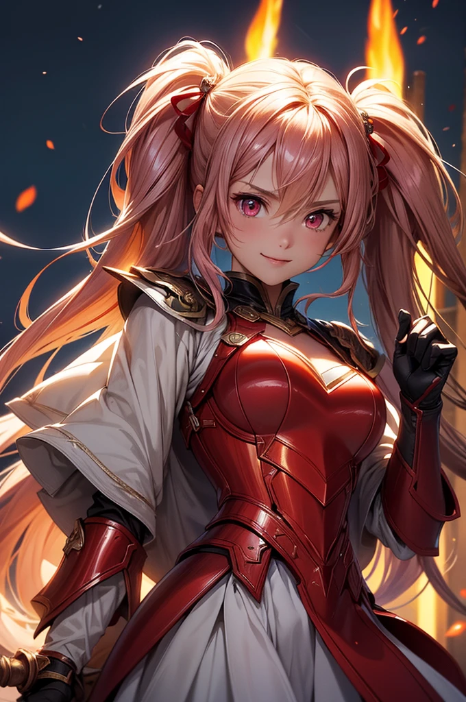 ((best quality, ultra-detailed, high resolution, extremely detailed CG, super detailed, direct light, Most beautiful clean lighting)), 1 girl, beautiful girl, cute girl and idol face, young face, smile, Beautiful long pink hair, twintails, Beautiful shining red eyes, white skin, slender, Short body,Fantasy world, world of fire, scarlet armour, flame, flaming blade, great sword.