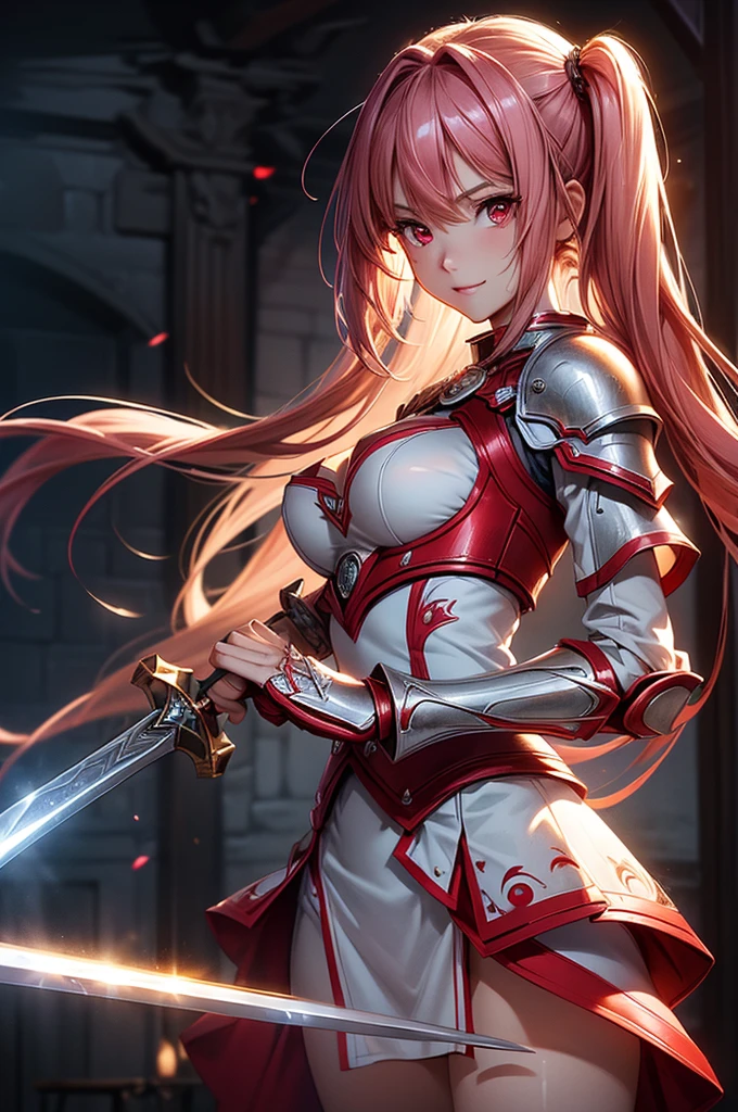 ((best quality, ultra-detailed, high resolution, extremely detailed CG, super detailed, direct light, Most beautiful clean lighting)), 1 girl, beautiful girl, cute girl and idol face, young face, smile, Beautiful long pink hair, twintails, Beautiful shining red eyes, white skin, slender, Short body,Fantasy world, world of fire, scarlet armour, flame, flaming blade, great sword.
