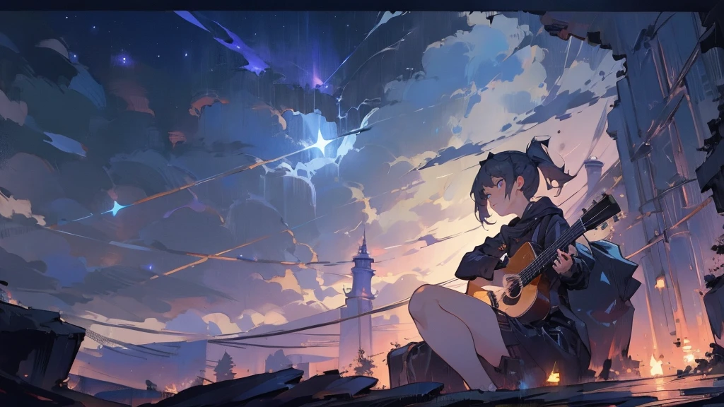 masterpiece,night,(dark alley),star、Night evening Sky、milky way、octone、
(1. Female), (solo), Knee hugging sitting,acousticguitar