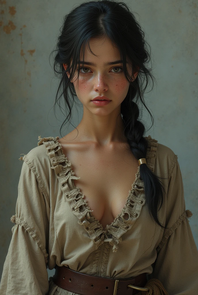 Young woman in worn old clothes, whole body to see