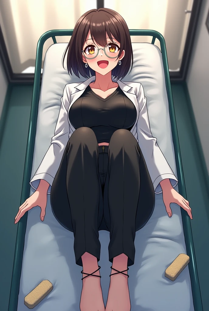 create the image of a 28 year old anime style character with short dark brown hair to the shoulder, round prescription glasses, skin fair, yellow seductive eyes, black jersey, lab coat and tailored pants, earrings and the body reasonably "big fit ass", she is lying on a stretcher without shoes with her beautiful feet tied in front and her hands tied to her sides, and she is laughing while 2 brushes scrub the soles of her feet which have 5 toes