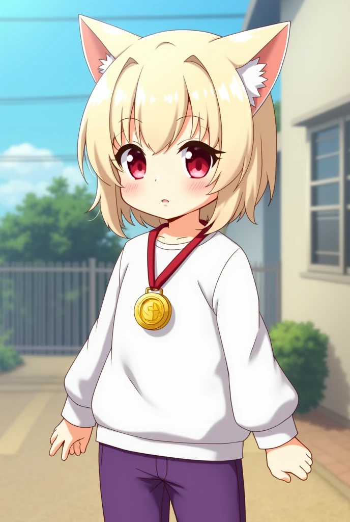 anime style draw. A Child, with short whitish yellow hair, with cat ears of the same color, in white clothes, red eye pupils, Purple pants, with a gold medal around his neck, with a realistic daytime background.