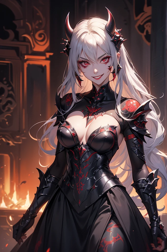 masterpiece,best quality,extremely detailed CG,ultra-detailed,beautiful detailed eyes,1woman,general,demon knight,metal armor,red eyes,random hair,(evil smile:1.6),sexy makeup,open stance,tatoo,small breast,skinny,dynamic pose,facepaint,