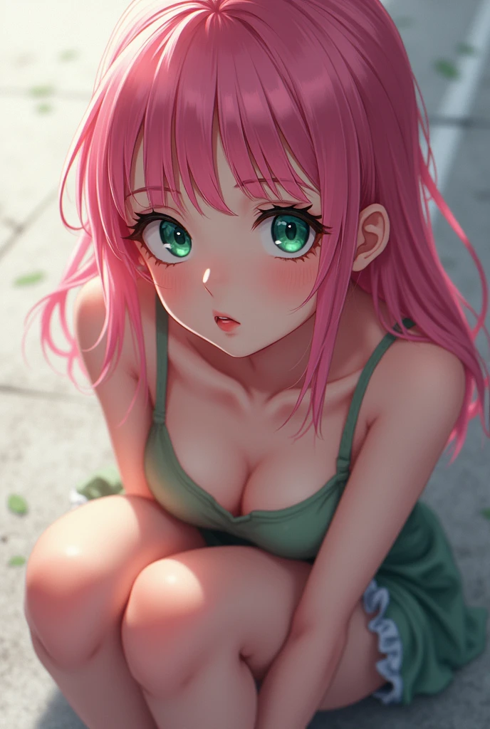 anime girl with pink hair and green eyes sitting on the ground, an anime drawing inspired by Ross Tran, trending on pixiv, auto-destructive art, photorealistic anime girl render, detailed portrait of anime girl, detailed digital anime art, stunning anime face portrait, realistic anime artstyle, close up of a young anime girl, photorealistic anime, seductive anime girl