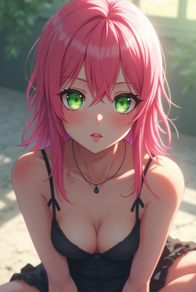 anime girl with pink hair and green eyes sitting on the ground, an anime drawing inspired by Ross Tran, trending on pixiv, auto-destructive art, photorealistic anime girl render, detailed portrait of anime girl, detailed digital anime art, stunning anime face portrait, realistic anime artstyle, close up of a young anime girl, photorealistic anime, seductive anime girl