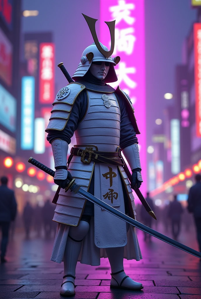 A samurai in white armor in Tokyo with purple cartoon-style lights