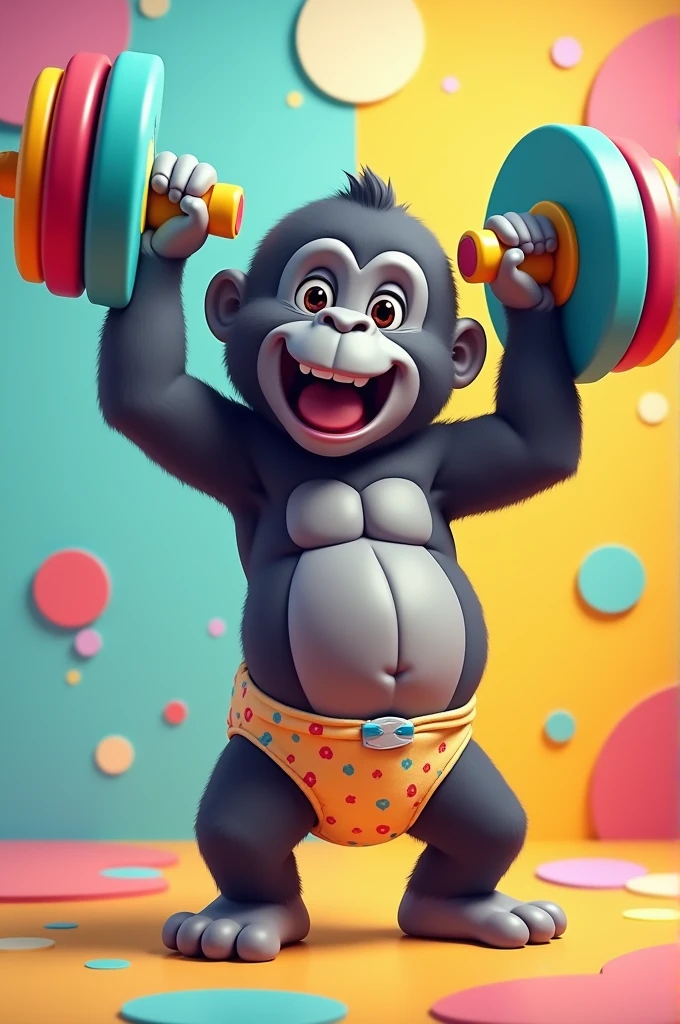 Baby gorilla in diaper with animated dumbbell