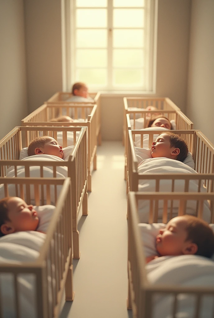 Many cribs with babies sleeping inside, But in a far away crib there is a grown woman sleeping