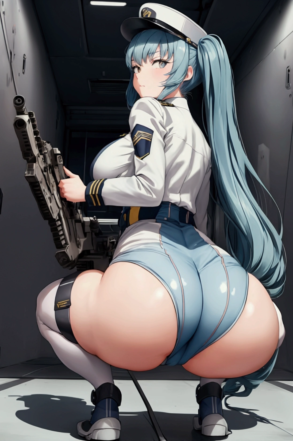 (privacy),(Light blue hair)、(Long twin tails)、(White tight military uniform),(White military cap)、(Nod),(True to prompts)、((look back))、((View your audience))、(Rear View)、(Glaring with sharp eyes)、(Super big breasts),(Super big ass)、((Squat))、(Spread the word your legs)、(((Hold a machine gun)))、(Spread the word your ass)、(Spread the word)、(Busy Street)、(Many people々々々々々々々々々々々々々々)、(sunny)、(blue sky)、(Best lighting)、{{{Browsing Caution}}}、{{{masterpiece}}}, {{{Highest quality}}}, {{ultra-detailed}}, {{shape}}, {{{Very delicate and beautiful}}},{{extremely detailed CG}}、{{unity 8k portrait}}、{{Fabric Shading}}、{{super detailed skin}}、{{Perfect Anatomy}}、{{detailed}}、{{Dynamic Lighting}}、{{{beautiful detailed eyes}}}、{{{beautiful detailed Face}}}、(Perfect Legs)、(Perfect breasts)、(Perfect pose)、(Perfect body)