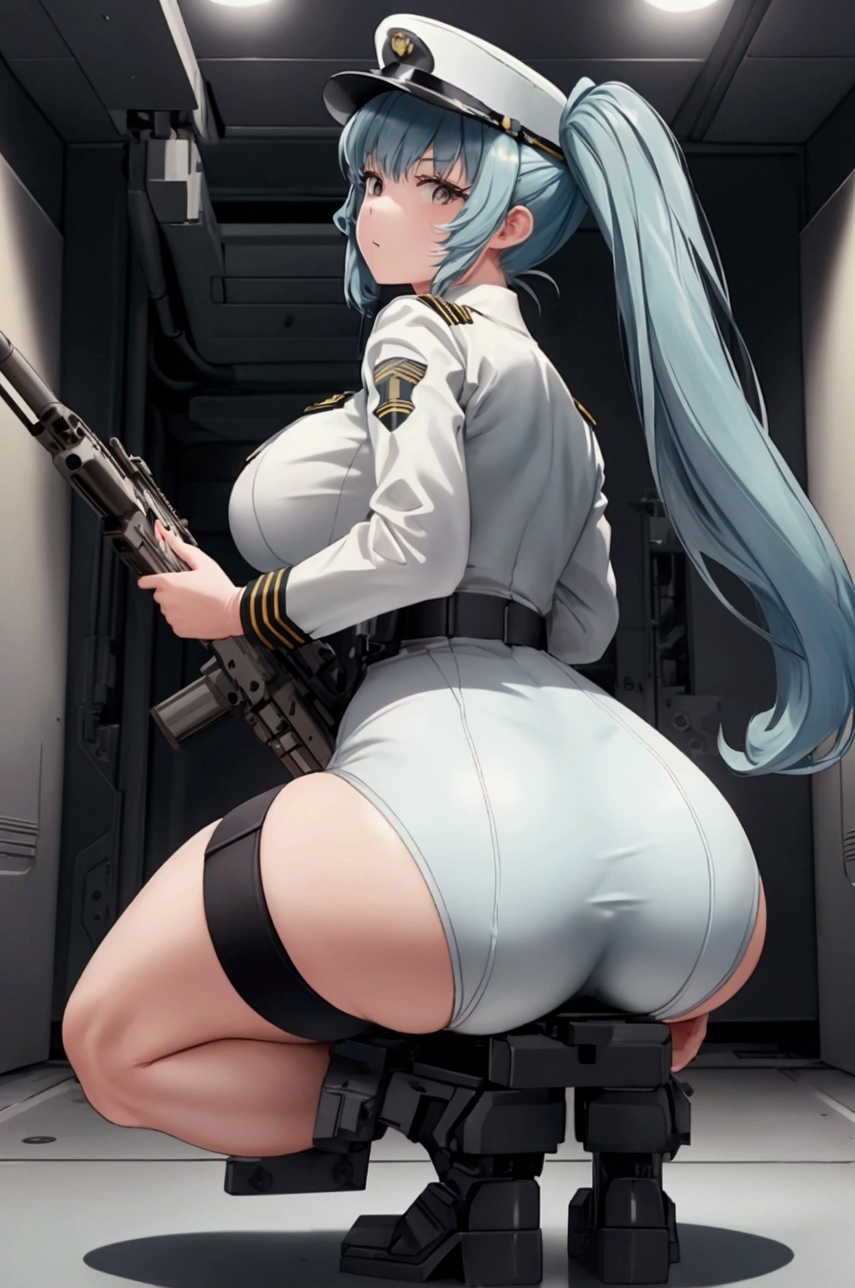 (privacy),(Light blue hair)、(Long twin tails)、(White tight military uniform),(White military cap)、(Nod),(True to prompts)、((look back))、((View your audience))、(Rear View)、(Glaring with sharp eyes)、(Super big breasts),(Super big ass)、((Squat))、(Spread the word your legs)、(((Hold a machine gun)))、(Spread the word your ass)、(Spread the word)、(Busy Street)、(Many people々々々々々々々々々々々々々々)、(sunny)、(blue sky)、(Best lighting)、{{{Browsing Caution}}}、{{{masterpiece}}}, {{{Highest quality}}}, {{ultra-detailed}}, {{shape}}, {{{Very delicate and beautiful}}},{{extremely detailed CG}}、{{unity 8k portrait}}、{{Fabric Shading}}、{{super detailed skin}}、{{Perfect Anatomy}}、{{detailed}}、{{Dynamic Lighting}}、{{{beautiful detailed eyes}}}、{{{beautiful detailed Face}}}、(Perfect Legs)、(Perfect breasts)、(Perfect pose)、(Perfect body)