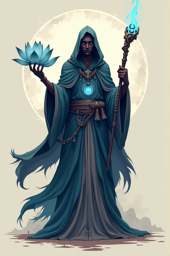 create a logo of a wizard holding a lotus flower in one hand and a technological staff in the other hand, with the word Cross below