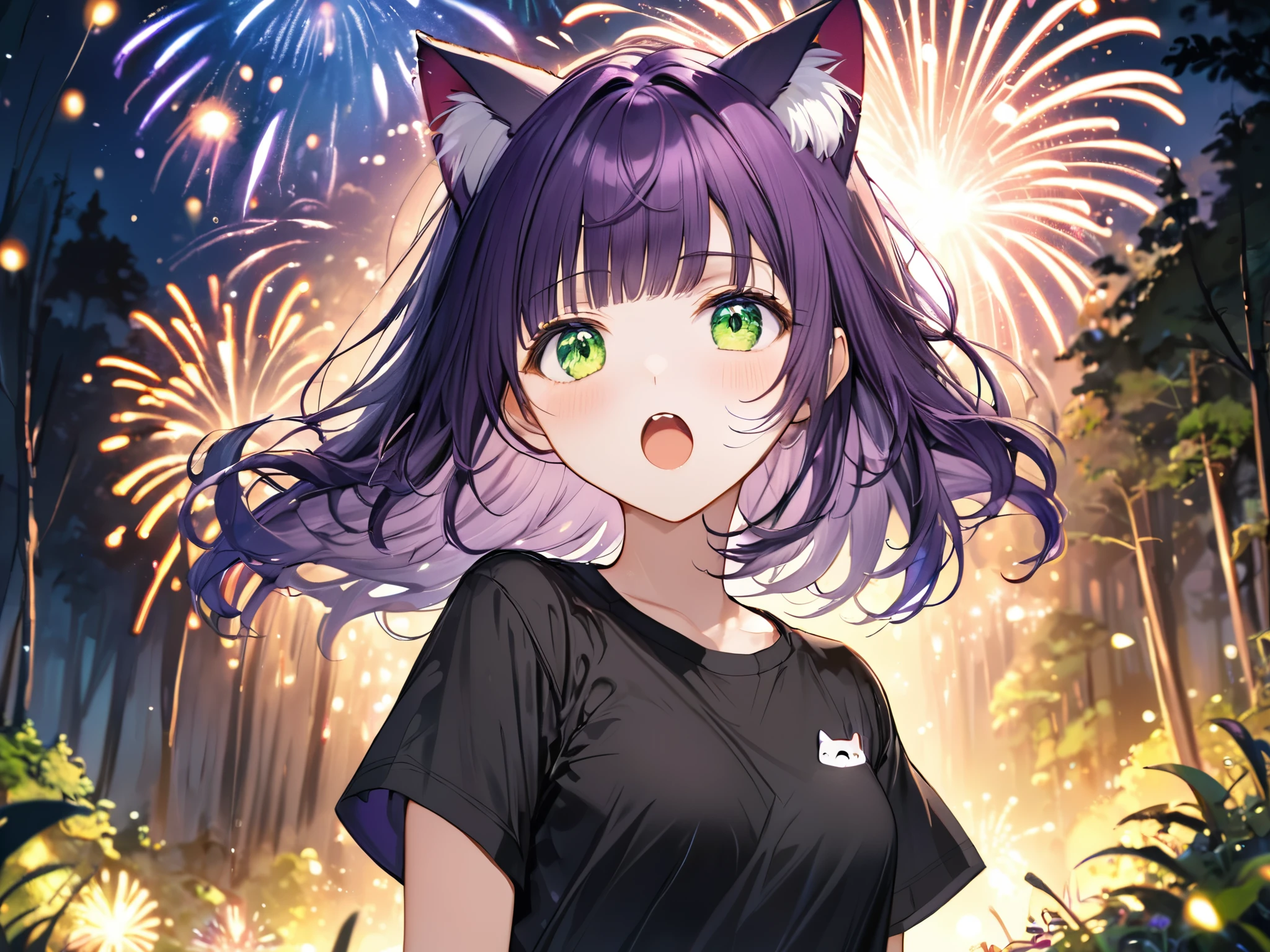 (masterpiece), best quality, expressive eyes, perfect face, solo, , cat ears,
long hair, wavy hair, blunt bangs, purple hair, green eyes, flat chest, black t-shirt, open mouth, short sleeves,
forest, night, fireworks,