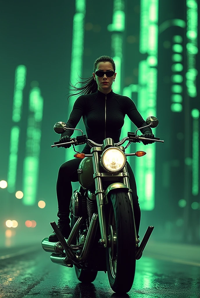 matrix trinity,kung fu,(masterpiece, Best Quality, High resolution, 32K HDR)), (Perfect portrait of trinity00:1.15), (black body suit:1.1, realistic Trinity sunglasses:1.1), Ultra detailed eyes, hyper derailed face, Detailed mouth, Detailed skin texture, (Atmospheric lighting), Shot with Aricum LT camera, (realistic driving the bike:1.2, on the highway:1.1, Huge breasts:1.15),