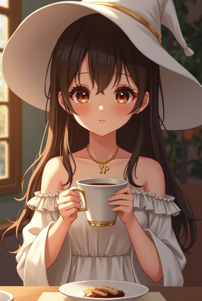 Very cute and tender little witch with brown eyes in a white dress with a witch's hat ,drinking a cup of coffee with a necklace with the initials YP