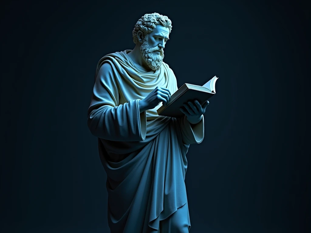 Statue of a Greek philosopher. with book in hand. Maximum quality, 8k, realistic. Dark neutral background, neon blue and black.