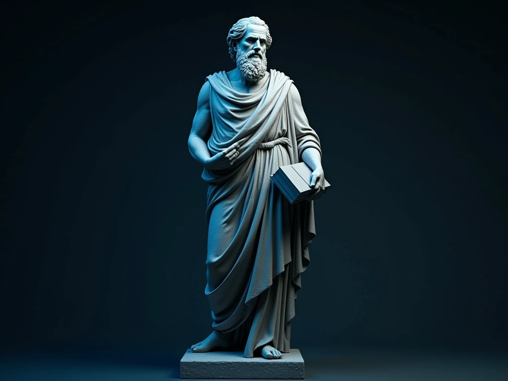 Statue of a Greek philosopher. with book in hand. Maximum quality, 8k, realistic. Dark neutral background, neon blue and black.