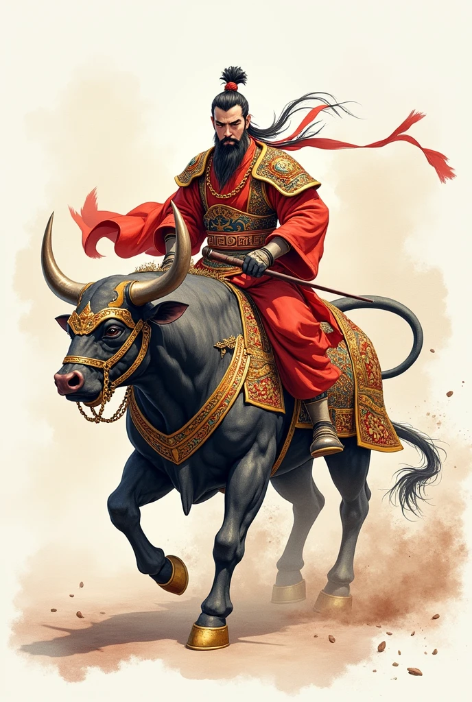 (best quality, masterpiece, 2D cartoon style, watercolor brush art),(Man, Ancient Chinese emperor's war costume shirt, bull riding, bull wearing iron costume to fight)