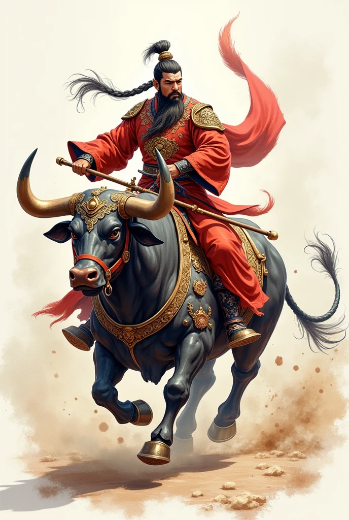 (best quality, masterpiece, 2D cartoon style, watercolor brush art),(Man, Ancient Chinese emperor's war costume shirt, bull riding, bull wearing iron costume to fight)