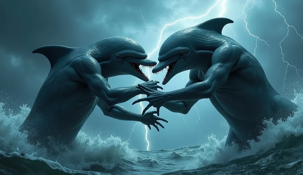 The dolphin people are fighting、Photorealistic、high resolution、Horror、Lightning in the background