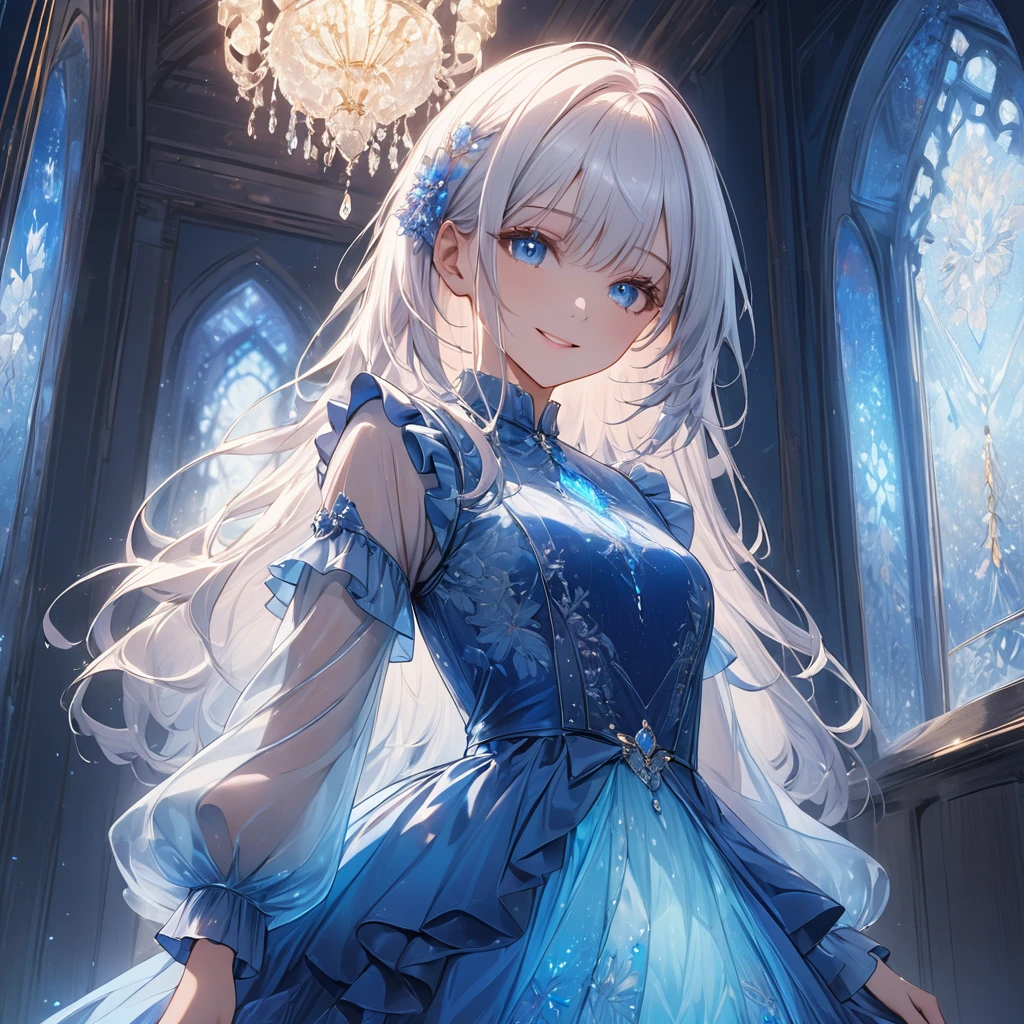 (transparent blue theme art),(top-quality),(masterpiece),(medium shot:1.5),((glowing)),((arms behind side)),Silky to the touch,Hyper Detail,(1 girl),(solo),Delicately drawn face,girl with a pretty face,beautiful detailed transparent blue eyes,beautiful detailed blue dress with delicate white lace,beautiful detailed blue dress with ruffles,((blue skirt with ruffles)),((Long sleeve costume)),(Beautiful silky white hair:1.3),pale skin,a beautiful transparent illustration,blue and white theme,beautiful smile,soft gradient,((standing in blue color hall)),(blue and white background),dreamy ambiance,mesmerizing depth,Ultra-detailed digital art,2.5D art