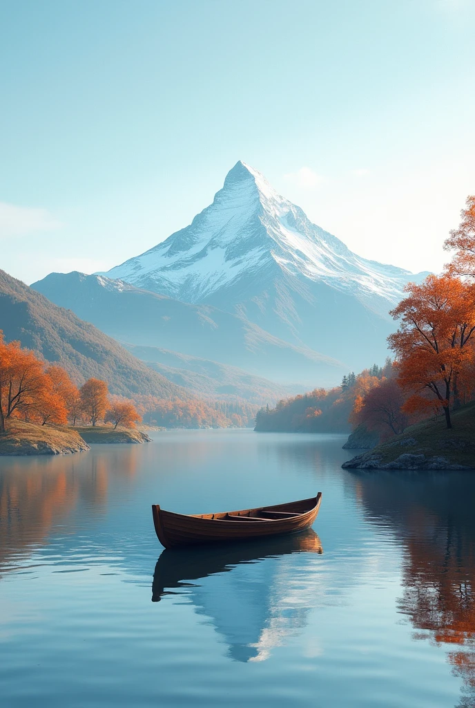 Autumn landscape with a lake in the background with a rowing boat and a high snowy mountain at its top