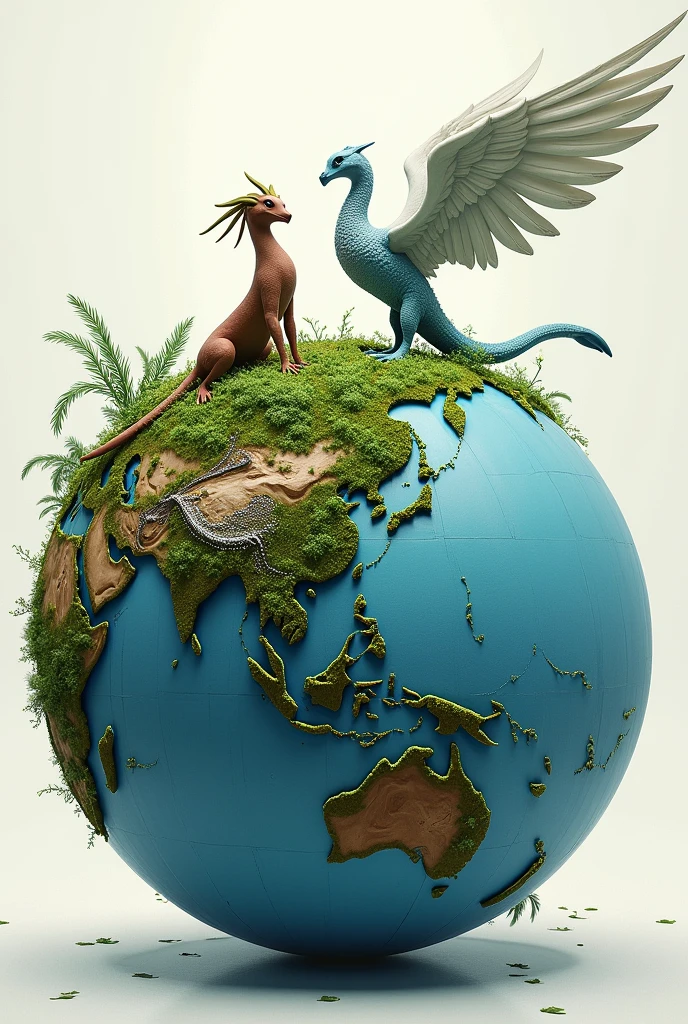 I would like to request the creation of an image of a globe representing the elements of air and earth..
element earth: The globe must include a creature representing the earth, dainty, mas forte, with characteristics that refer to vegetation. The colors should be green and brown, with textures that evoke the stability and fertility of the earth.
Element Ar: On the other side of the globe, depict a figure representing air, with a dynamic and intense presence. This figure must have a battle aura, possibly as a winged entity or an abstract form suggesting movement and conflict. The predominant colors should be light blue or white, with details reminiscent of clouds or wind, emphasizing power and turbulence.
The overall design should integrate these elements into a cohesive, visually striking globe that conveys the contrast and interplay between land and air..