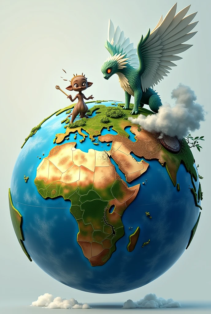 I would like to request the creation of an image of a globe representing the elements of air and earth..
element earth: The globe must include a creature representing the earth, dainty, mas forte, with characteristics that refer to vegetation. The colors should be green and brown, with textures that evoke the stability and fertility of the earth.
Element Ar: On the other side of the globe, depict a figure representing air, with a dynamic and intense presence. This figure must have a battle aura, possibly as a winged entity or an abstract form suggesting movement and conflict. The predominant colors should be light blue or white, with details reminiscent of clouds or wind, emphasizing power and turbulence.
The overall design should integrate these elements into a cohesive, visually striking globe that conveys the contrast and interplay between land and air..