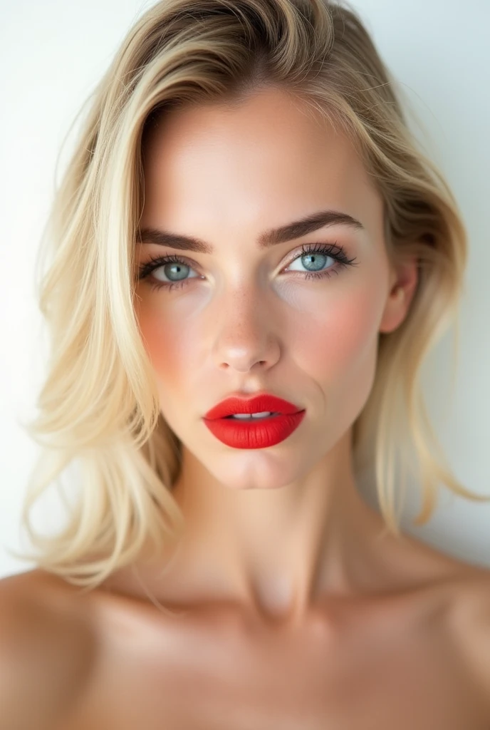 blonde woman with big red lips and blue eyes on a white background