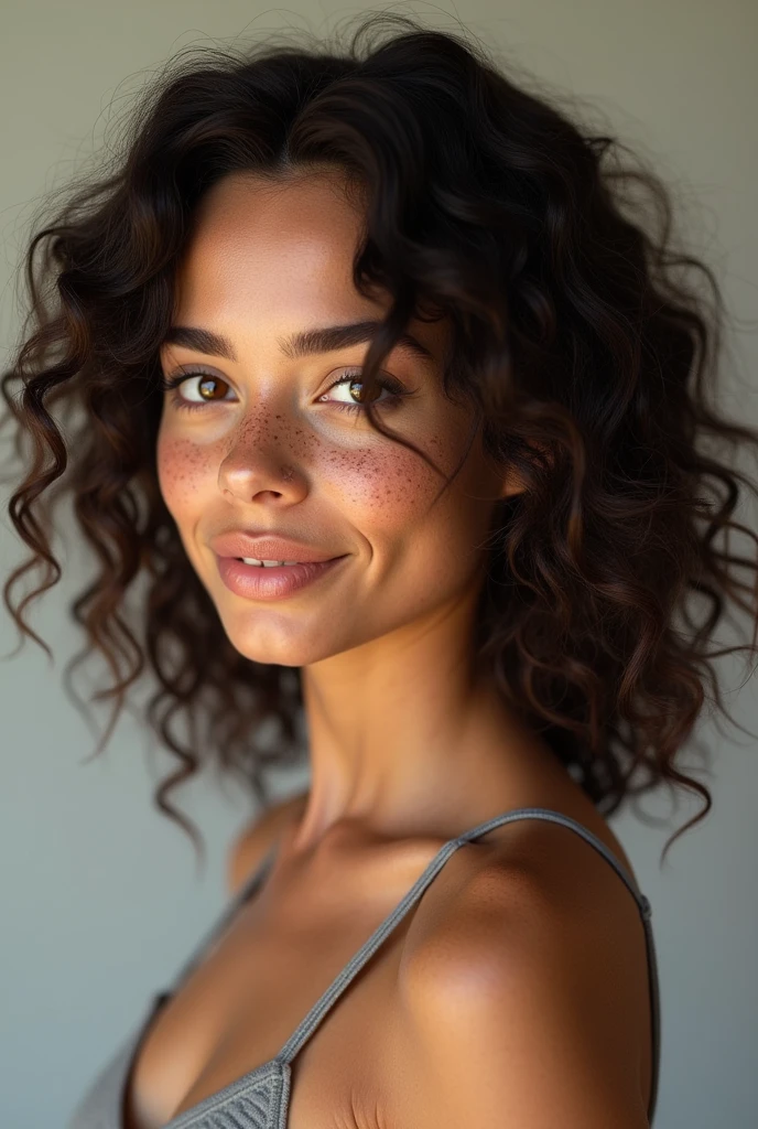 (photorealism:1.2), beautiful woman, métisse tache de rousseur , yeux noisette , sportive , cheveux bouclés. Très belle . Très réaliste
Plusieurs photos dans différents point de vu , plein pied de profil …