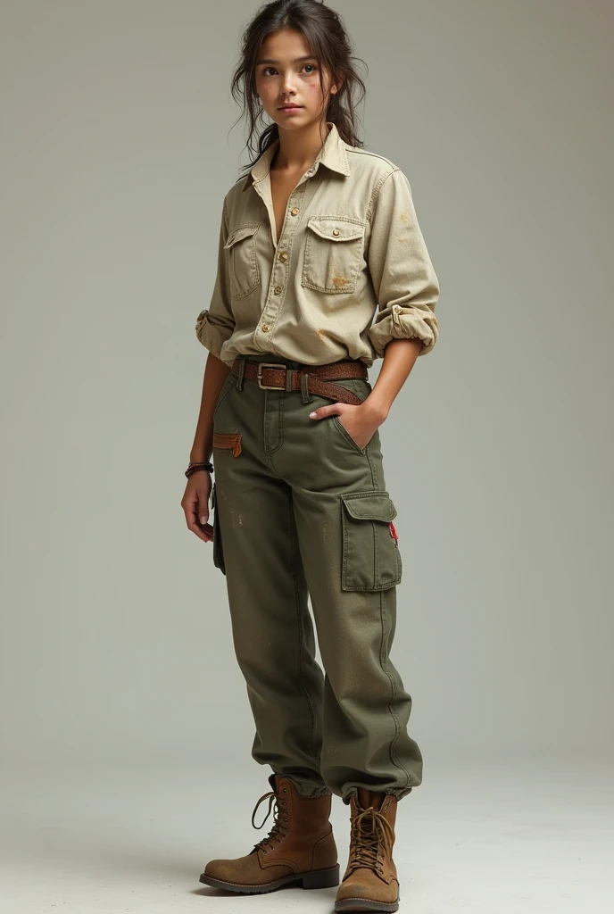 Young woman in worn old work clothes
, with legs