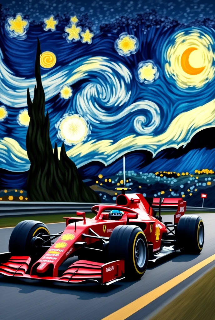Background of famous painting stariy night with the Ferrari F1 car in front