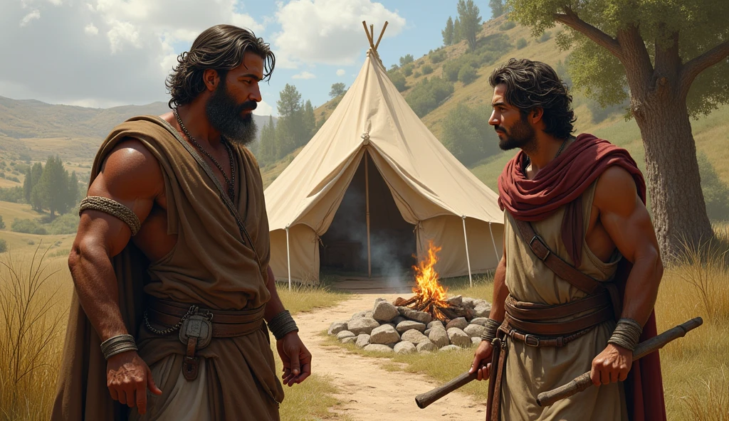 biblical history: There were two twin brothers, Esau who is red coming from hunting and Jacob cooking near the tent