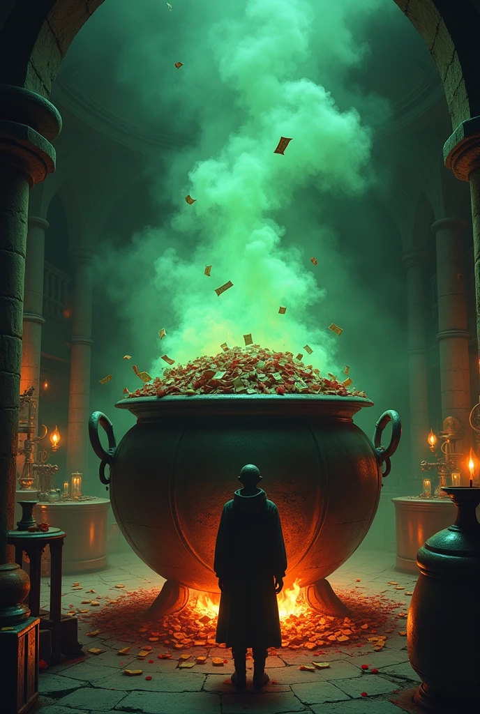 Imagine an aged metal cauldron, placed on a crackling fire in a sorcerer's apprentice laboratory. The cauldron is overflowing with blood-stained bills, which cascade around him. Thick green smoke is rising from the cauldron above which one can read : The recipe for a million. The whole thing is bathed in a subdued and mysterious light., adding a touch of adventure and darkness to the scene.