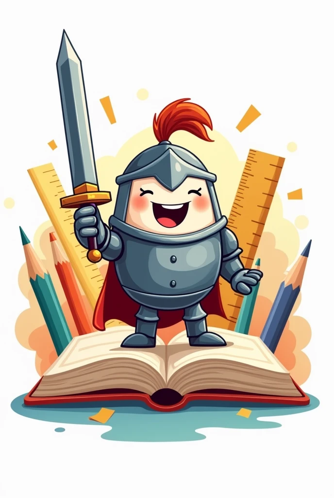 A round-shaped logo that is a cartoon and that has a knight holding a pencil as a sword and is standing on top of a book in a smiling manner with utensils such as pencils in the background., rulers and sheets of paper.
That the drawing does not have such an atmosphere
