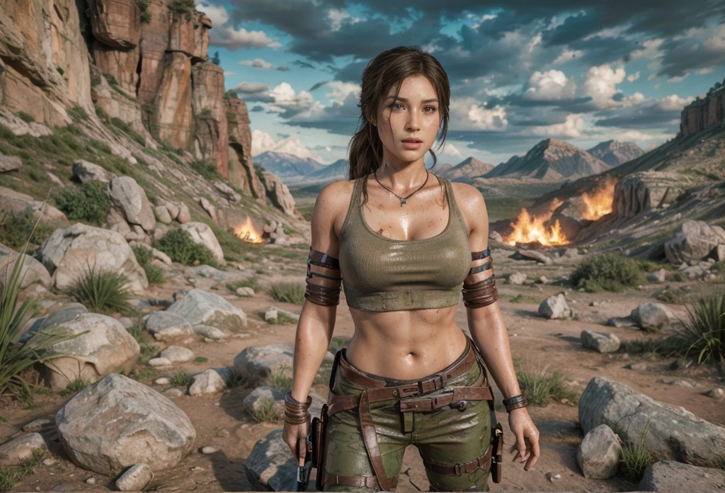 Lara Croft, eyes browns, (best quality, ultra details), (realisitic:1.37), beautiful and detailed face, ultra-realisitic texture, exquisite face, Delicate body, red lipgloss stick, shiny colors. High definition, 8k, serious expression.