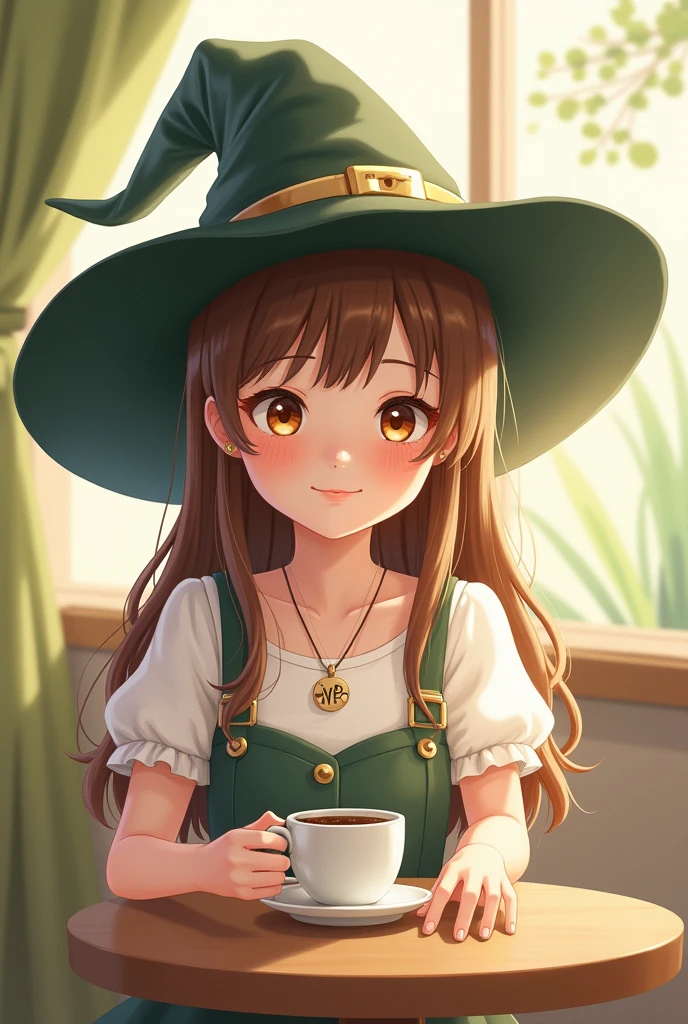 Very cute and tender little witch with brown eyes in a white dress with a witch's hat , with green braces drinking a cup of coffee with a necklace with the initials YP