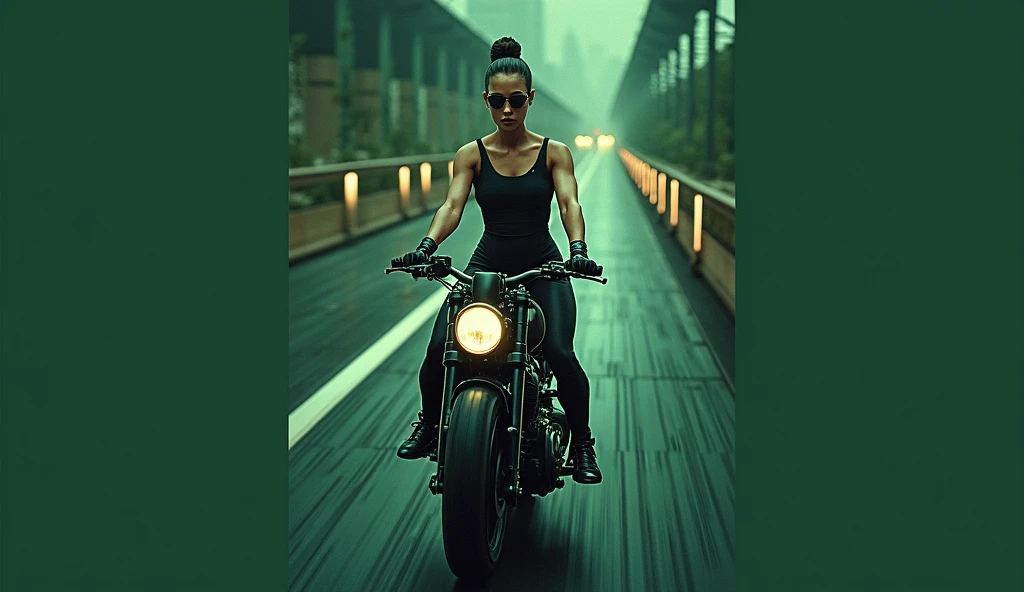 matrix trinity,kung fu,(masterpiece, Best Quality, High resolution, 32K HDR)), (Perfect portrait of trinity00:1.15), (black body suit:1.1, realistic Trinity sunglasses:1.1), Ultra detailed eyes, hyper derailed face, Detailed mouth, Detailed skin texture, (Atmospheric lighting), Shot with Aricum LT camera, (realistic driving the bike:1.2, on the highway:1.1, Huge breasts:1.15),