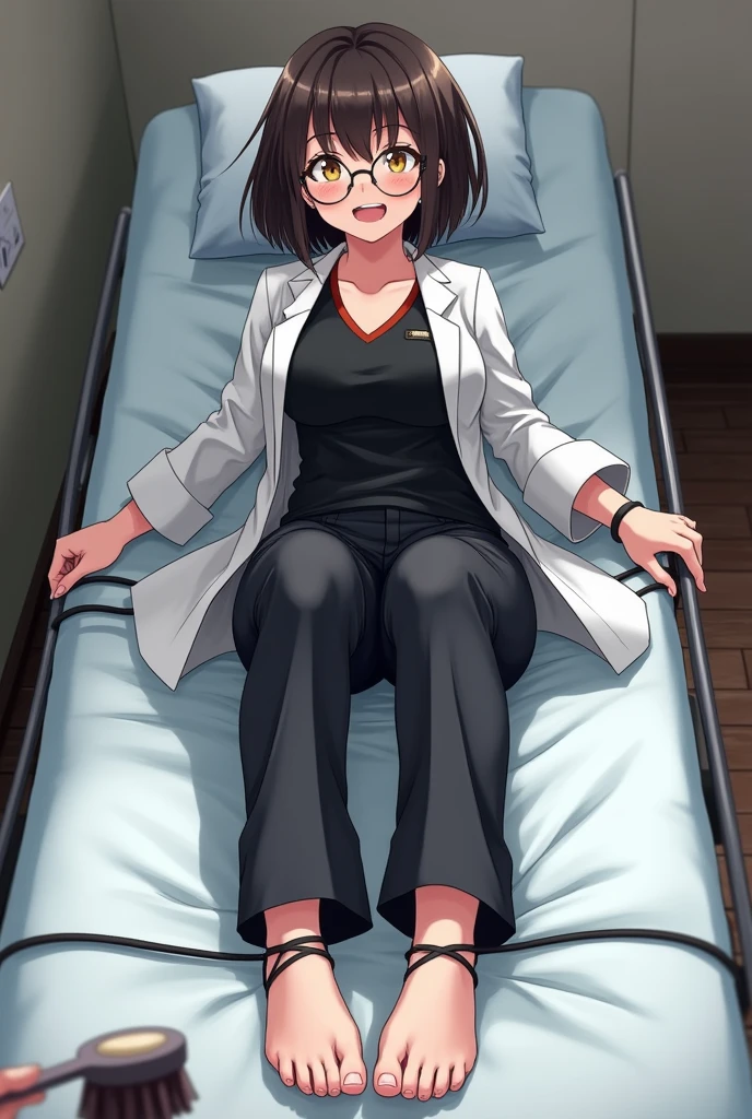create the image of a 28 year old anime style character with short dark brown hair to the shoulder, round prescription glasses, skin fair, yellow seductive eyes, black jersey, lab coat and tailored pants, earrings and the body reasonably "big fit ass", she is lying on a stretcher without shoes with her beautiful feet tied in front with her ears stretched out and her hands tied to the sides of the stretcher, and she is laughing a lot while 2 brushes scrub the soles of her feet that have 5 toes