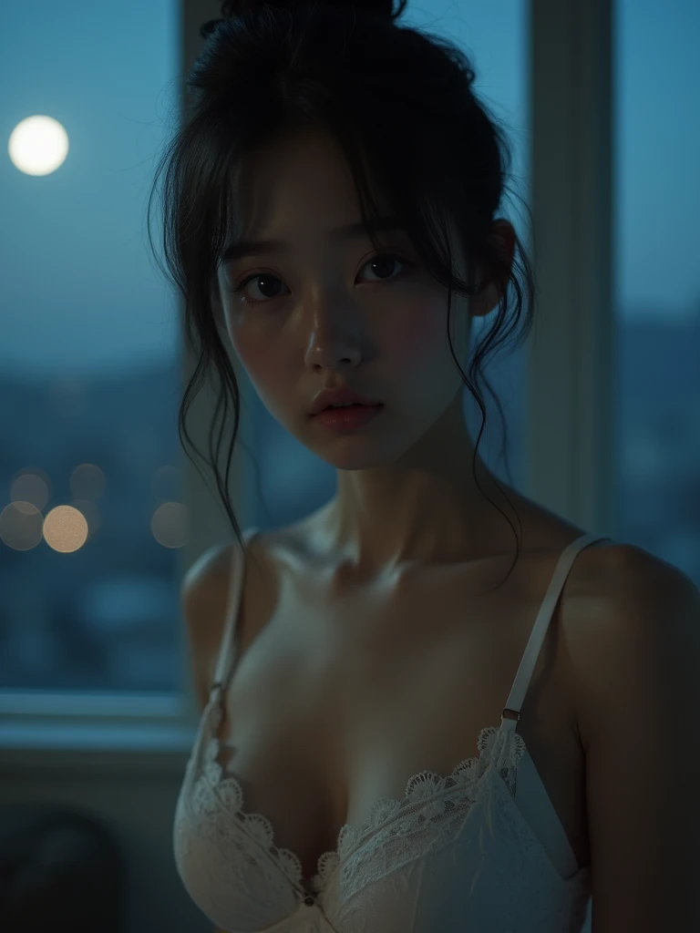 real photograph, (Top image quality, 8k, ​masterpiece), top-quality, 超A high resolution,Japan Girl, 18 year old, pretty face,  lace bra, kawaii faces, Melancholy look, double eyelid、White breasts: 1.4、Bun Hair、night modern room、window, moon, Movie Lighting, Photorealsitic, real looking skin, NFSW, 35mm, Shot with Leica,