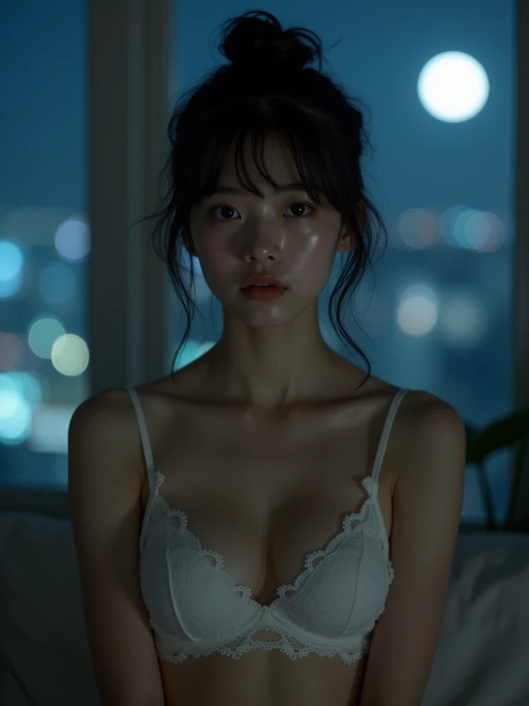 real photograph, (Top image quality, 8k, masterpiece), top-quality, 超A high resolution,Japan Girl, 18 year old, pretty face, lace bra, kawaii faces, Melancholy look, double eyelid、White breasts: 1.4、Bun Hair、night modern room、window, moon, Movie Lighting, Photorealsitic, real looking skin, NFSW, 35mm, Shot with Leica,